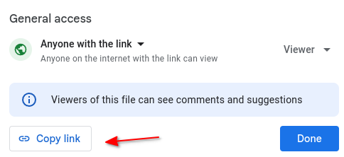 The Copy link button in the Colab share dialog