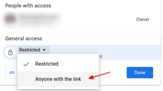 Changing Colab general access from Restricted to Anyone with the link