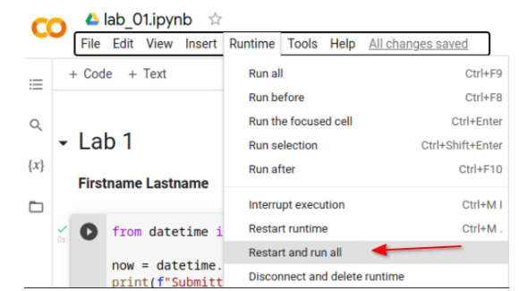 The Restart and run all command in the Colab Runtime menu